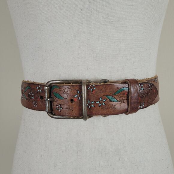 Streets Ahead Belt L Brown Leather Floral Western Tooled Boho Hippie Folk Rustic